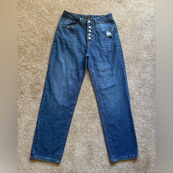 NWOT Distressed Five-Button Fly High-Rise Straight Leg Jeans - Picture 2 of 8